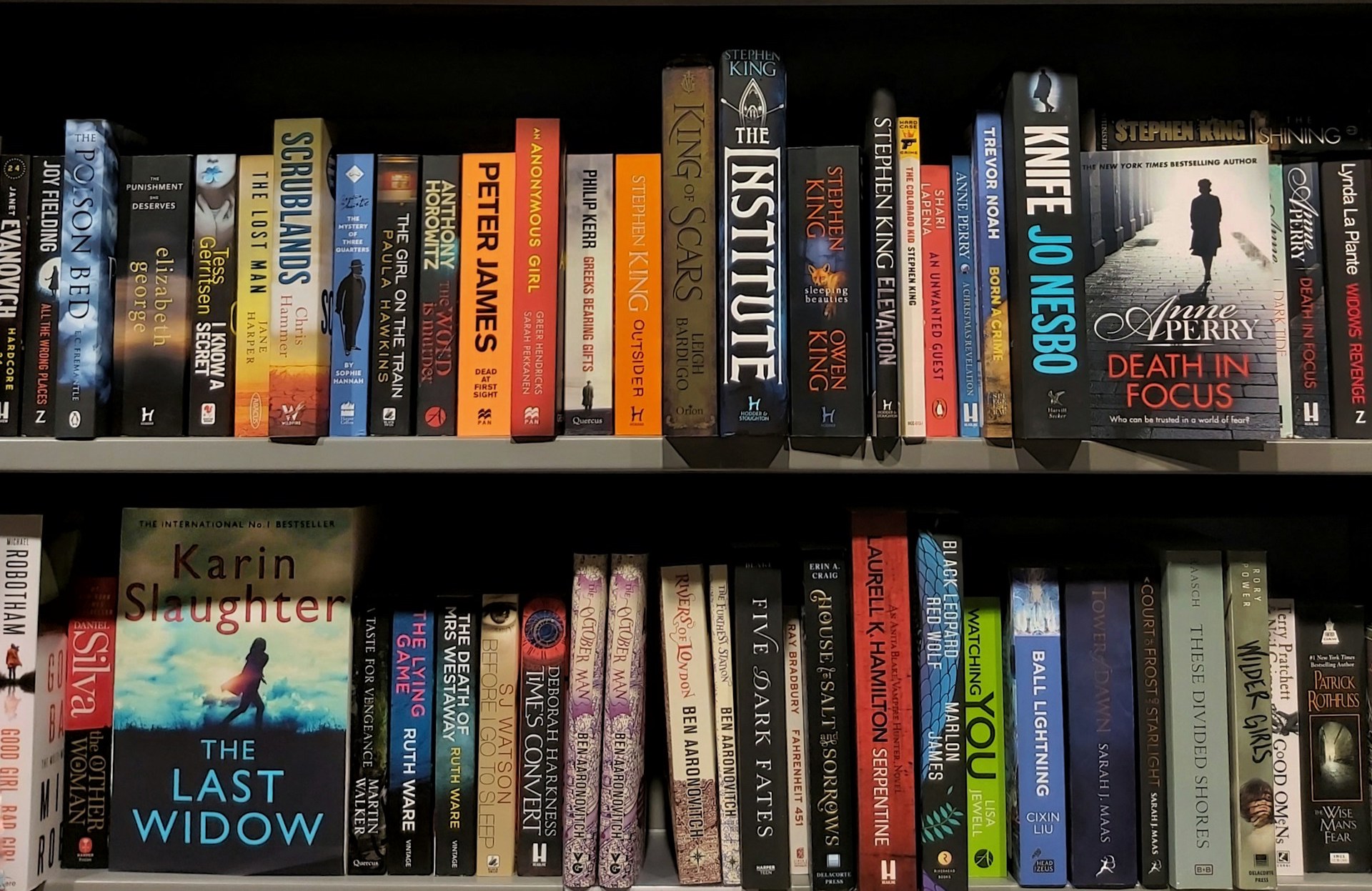 Estantería con libros de misterio y suspenso en inglés
