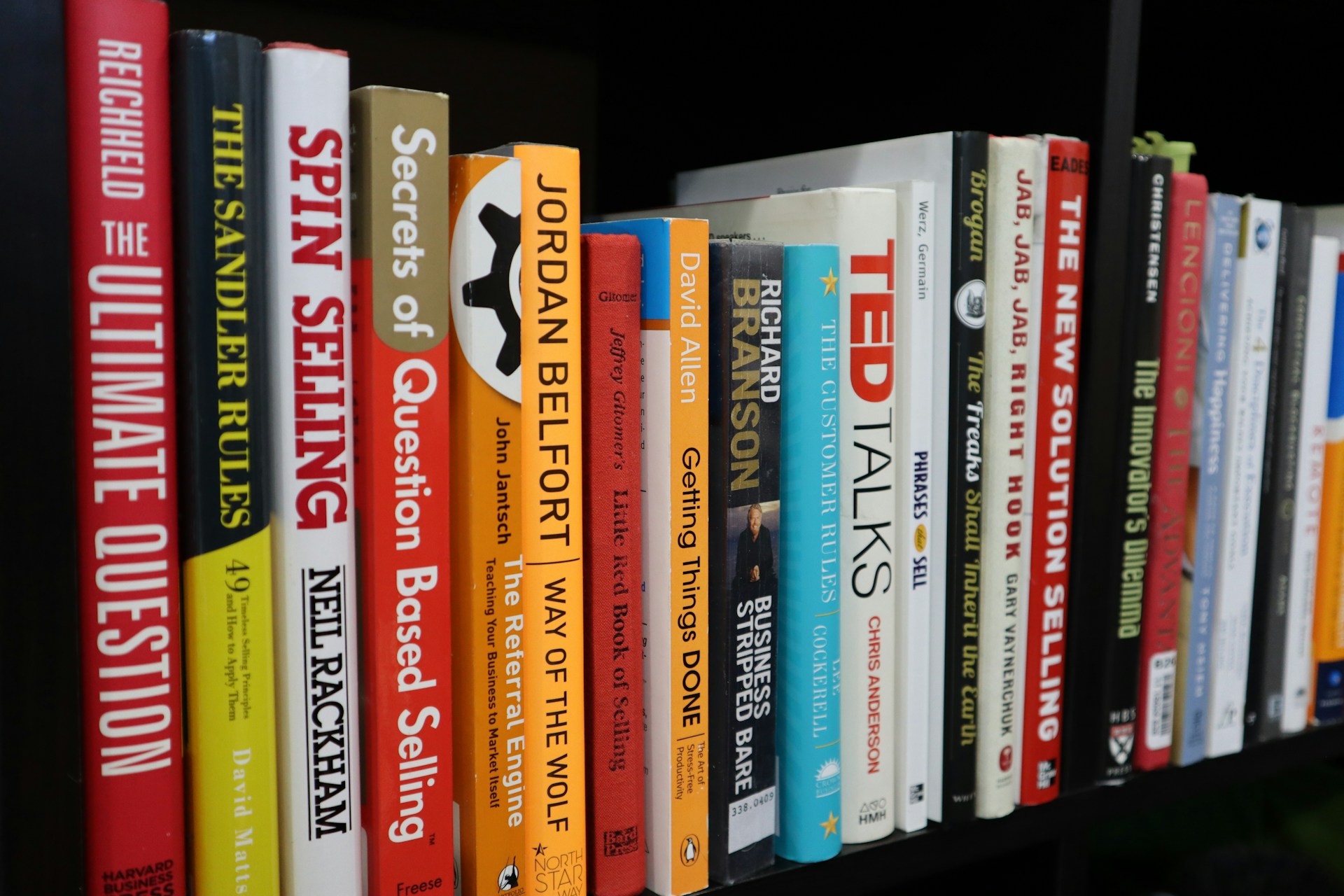 Estante con libros de ventas y negocios en inglés de segunda mano